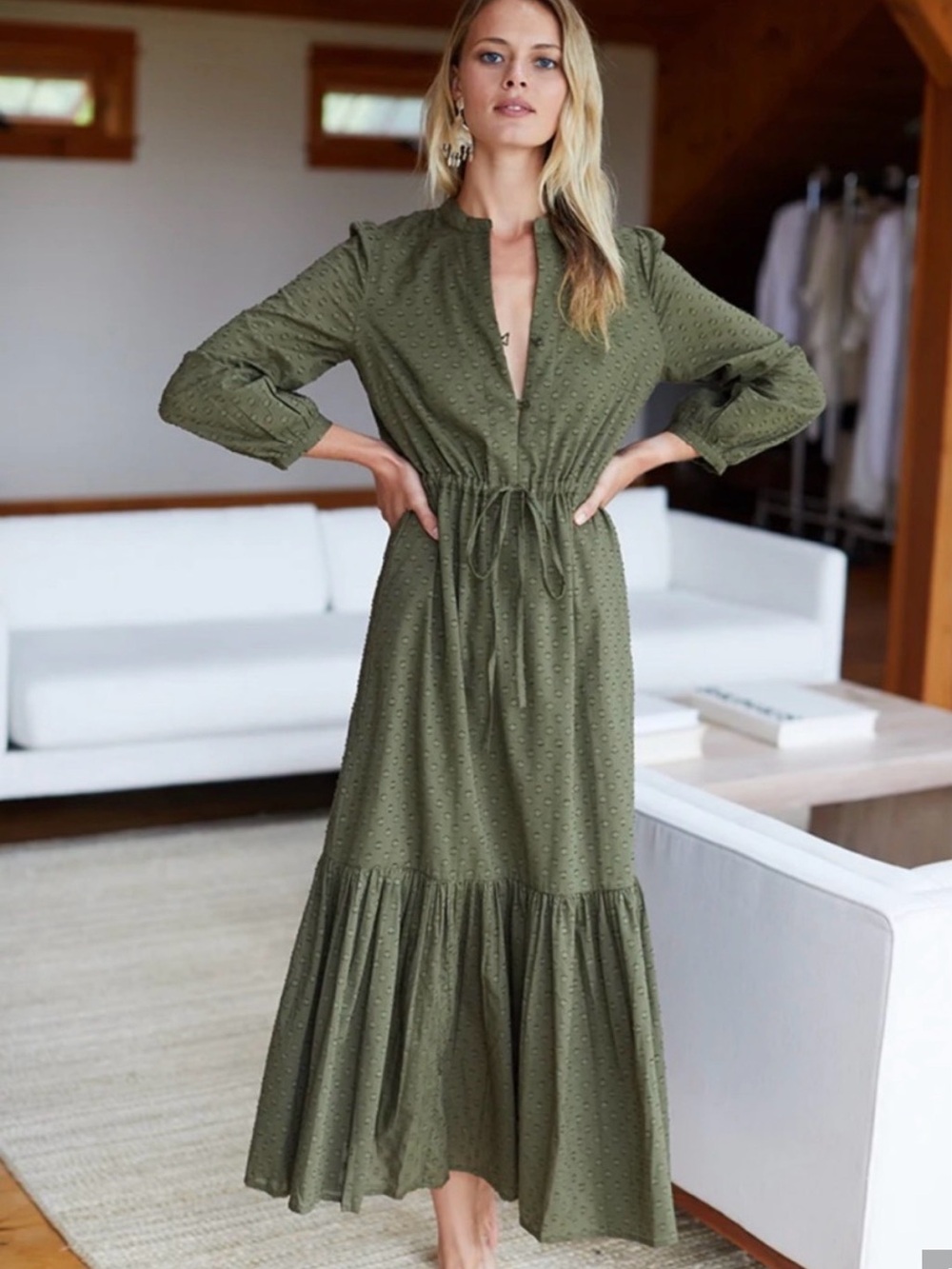 Emerson Fry India Collection Olive Maxi Dress with Drawstring Waist